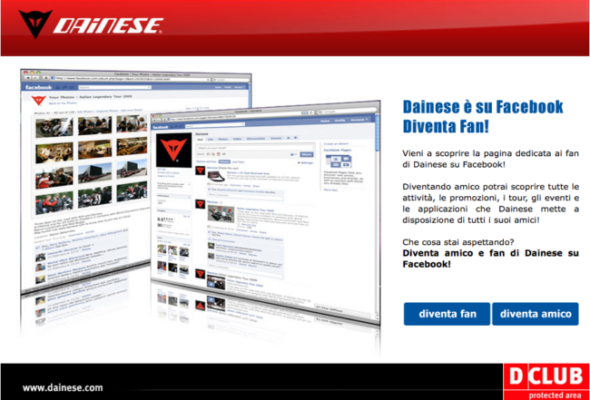 Un esempio di dem inviata per iscriversi alla fan page di un big brand