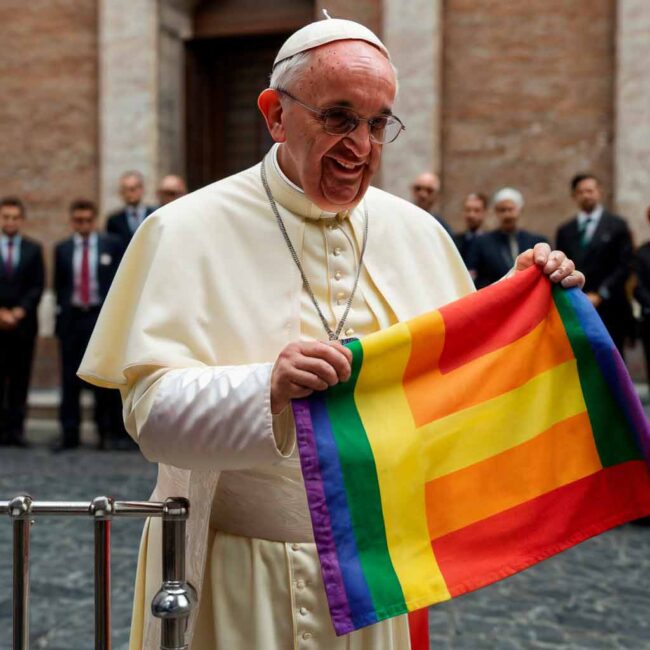 DefaultGBTWEB immagine AI di Papa Francesco con una bandiera lgbt+